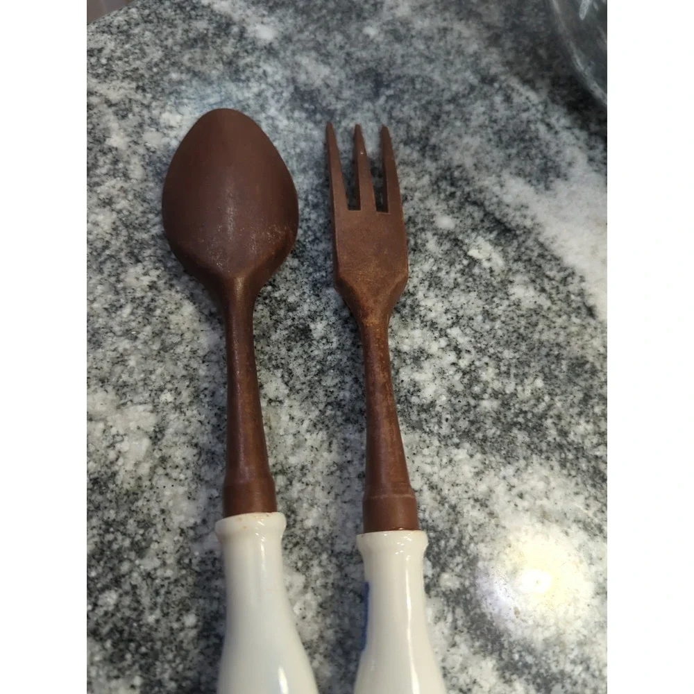 Vintage Delft Blue Ceramic & Wood Salad Set